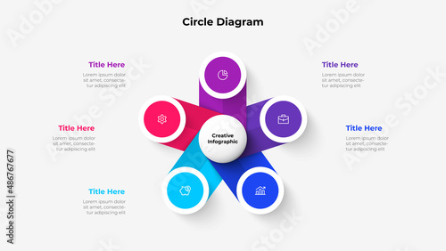 Central circle with five small circles around it. Design concept of 5 steps or parts of business cycle. Infographic design template. Business data visualization.