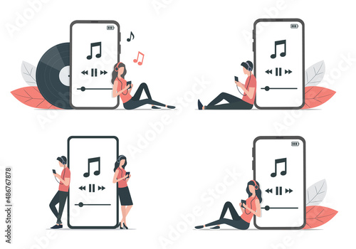 Music listening. Online music service. Colored flat vector illustration.
