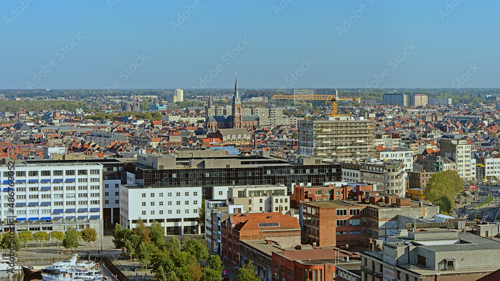 Aerial view on the rooftops and church towers  of the city of Antwerp, Flanders, Belgium 