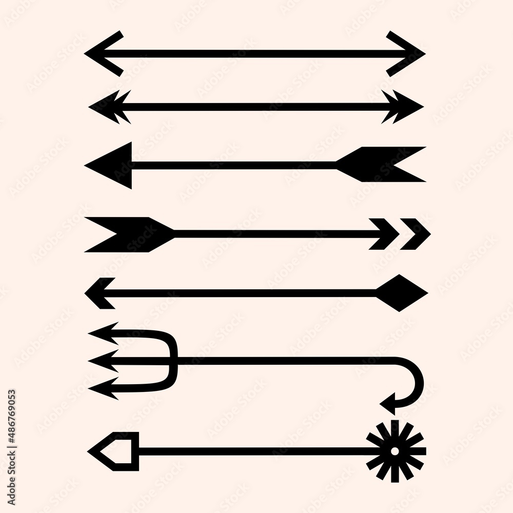A set of arrows with different tips. pagan tools. Arrows linear, black, isolated. Vector symbols. Trident, sharp, figured, round and fantasy arrow. A set of arrows with different tips. pagan tools. Arrows linear, black, isolated. Vector symbols. Trident, sharp, figured, round and fantasy arrow.
