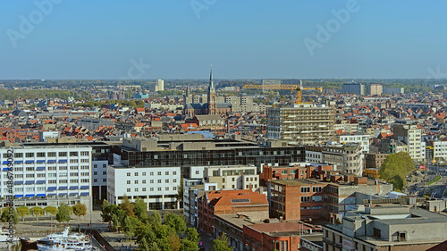 Aerial view on the rooftops and church towers of the city of Antwerp, Flanders, Belgium 