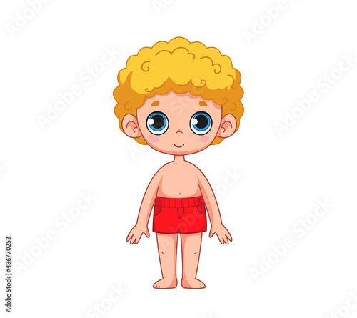 Cute little boy in red swimming trunks or shorts. Blond child in marine clothes. Children's illustration of a child in a bathing suit. Vector illustration in cartoon style. Isolated funny clipart.