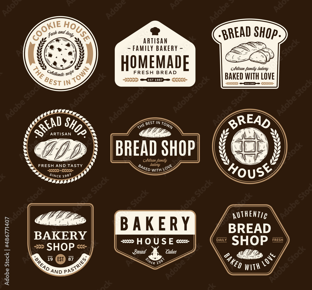 Set of vector bakery and bread logo, badges and icons isolated on a dark background