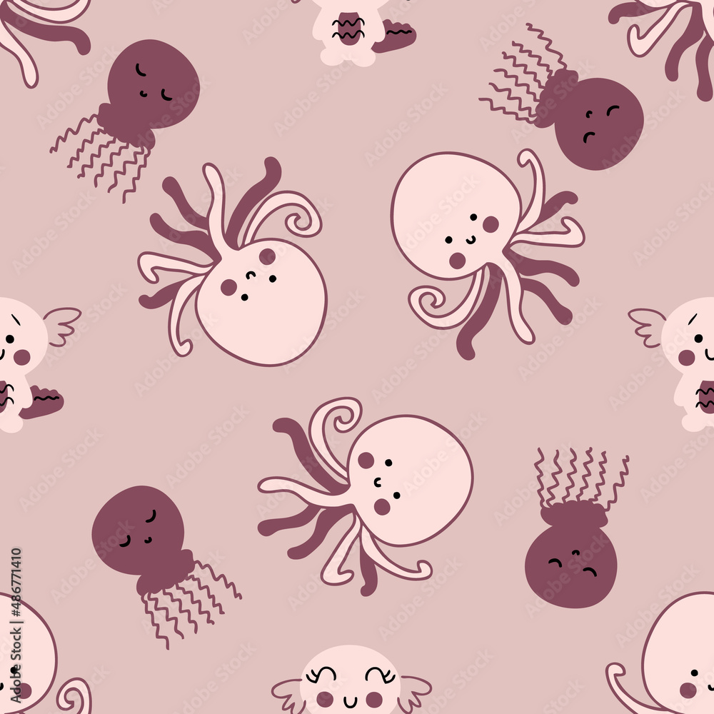 Fototapeta premium Hand drawn seamless pattern with axolotls, octopus and jellyfish. Perfect for T-shirt, textile and print. Doodle vector illustration for decor and design.