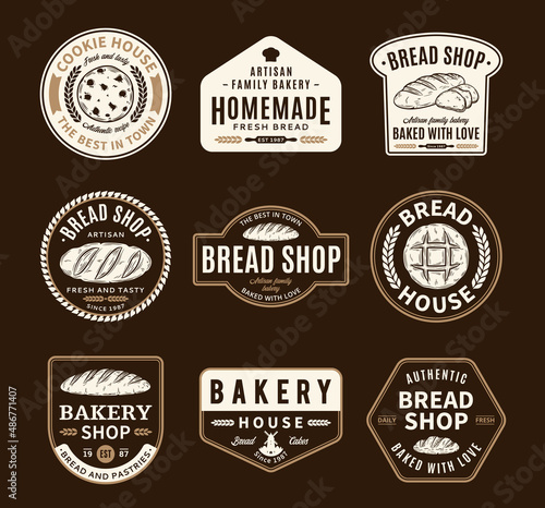 Set of vector bakery and bread logo  badges and icons isolated on a dark background