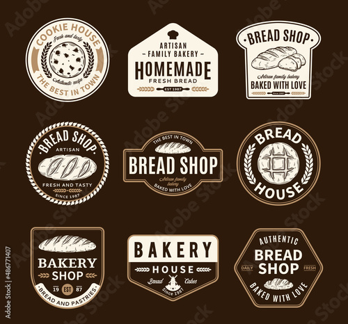 Set of vector bakery and bread logo, badges and icons isolated on a dark background