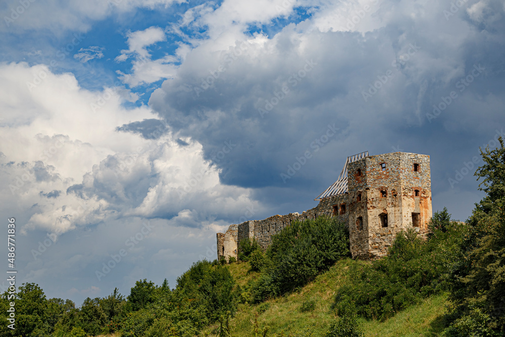 Ancient ruined Pniv castle outdoor, on hill, western Ukraine. Ukrainian architectural  landmark.