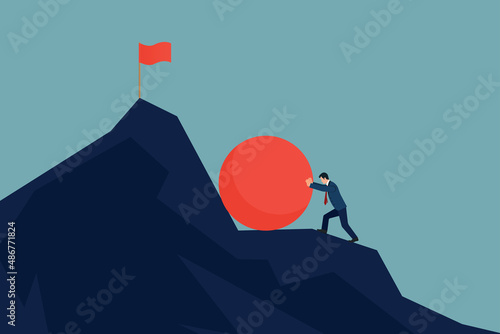 Businessman Pushing The Heavy Ball To The Mountain Peak.
