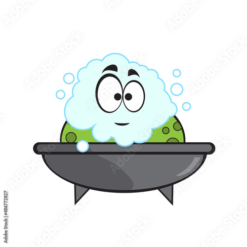 Cute frog taking bubble bath in bathtub. Cute cartoon animal illustration on white