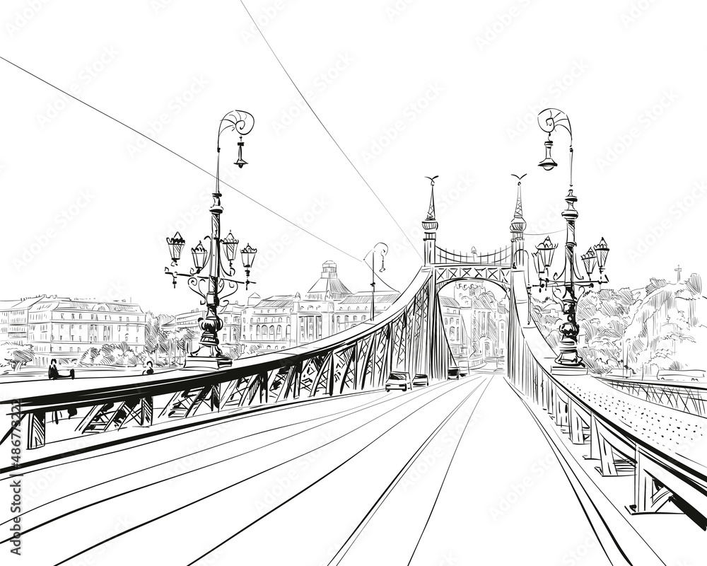 Fototapeta premium The Bridge of Freedom. Budapest. Hungary. Europe. Hand drawn vector illustration.