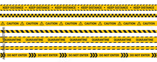 Quarantine tape, keep distance warning stripes. Caution tape in flat style. 