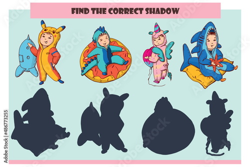 Find the correct shadow.Kids in kigurumi pajamas.Educational game for kids.