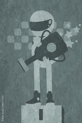 Grayscale vector image of a racing driver on the podium holding a trophy.