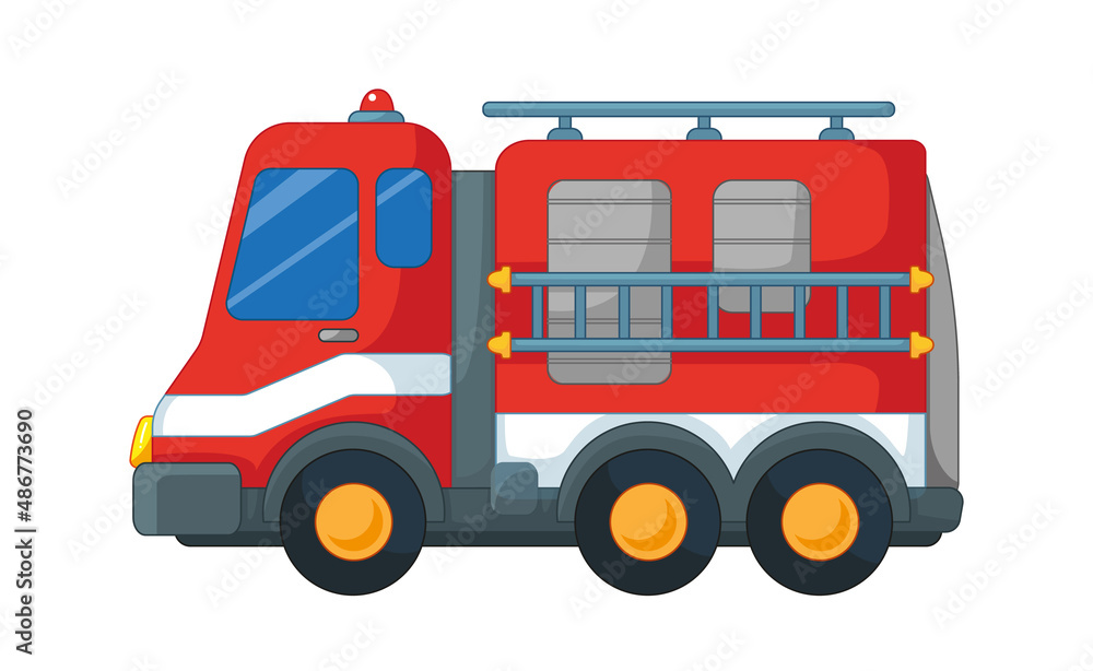 Red fire truck with outline. Vector illustration in cartoon childish style. Isolated funny clipart on white background. Cute fire transport print. Red fire truck with outline. Vector illustration in cartoon childish style. Isolated funny clipart on white background. Cute fire transport print.