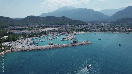 Aerial view yacht parking marina. Vacation in Kemer, Turkey