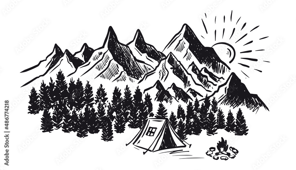 Sketch Camping in nature set, Mountain landscape, vector illustrations.	
