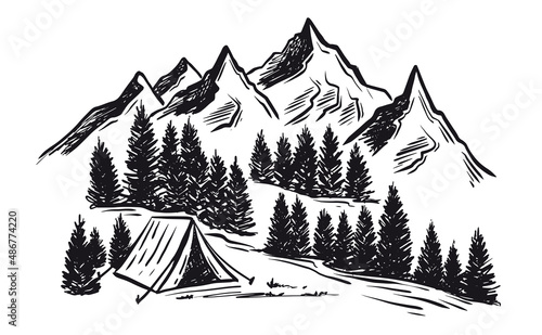 Sketch Camping in nature set, Mountain landscape, vector illustrations.	
