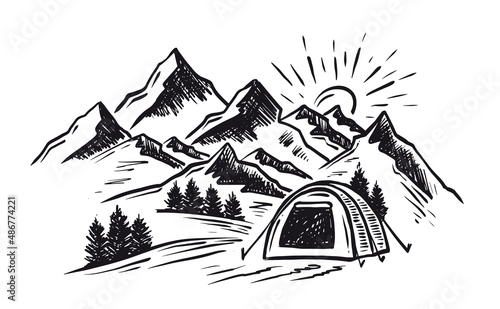 Sketch Camping in nature set  Mountain landscape  vector illustrations.  