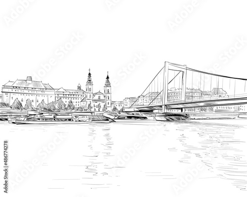 The Bridge across the Danube River. Budapest. Hungary. Europe. Hand drawn vector illustration.