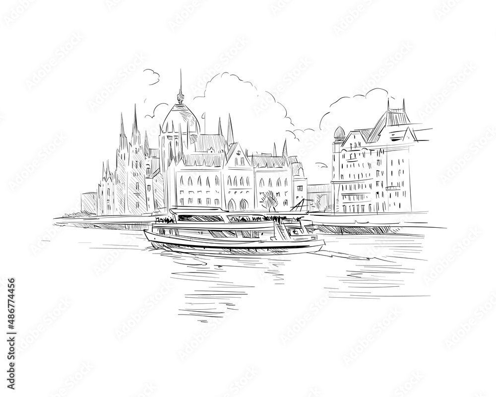 Building of the Hungarian Parliament. Budapest. Hungary. Europe. Hand drawn vector illustration.