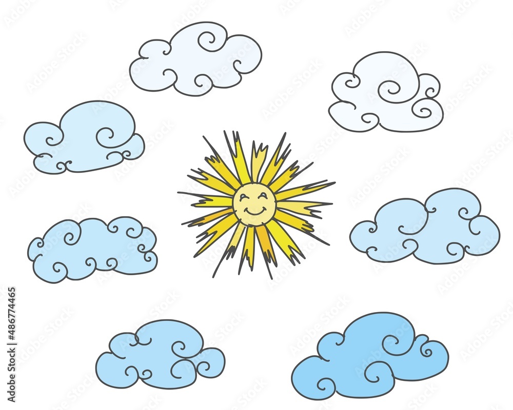 sun and clouds mini illustration. sketch doodle sun and clouds mini illustration. sketch doodle