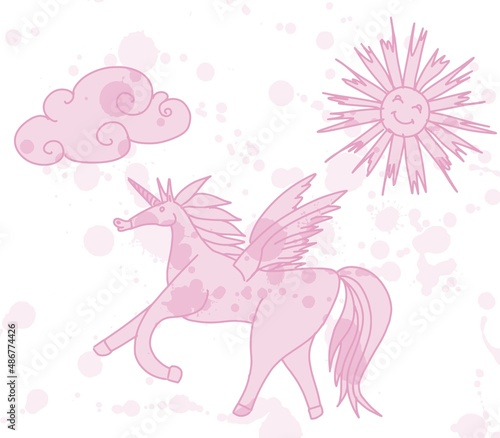 pink unicorn with wings and sun. sketch new vector