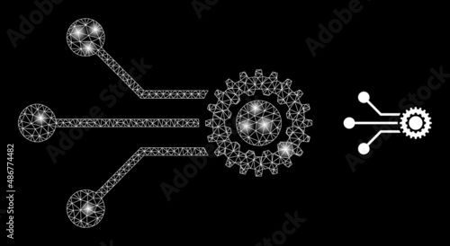 Micro mechanics icon and glare mesh micro mechanics structure with bright spots. Illuminated constellation is done using micro mechanics vector icon and triangle mesh.