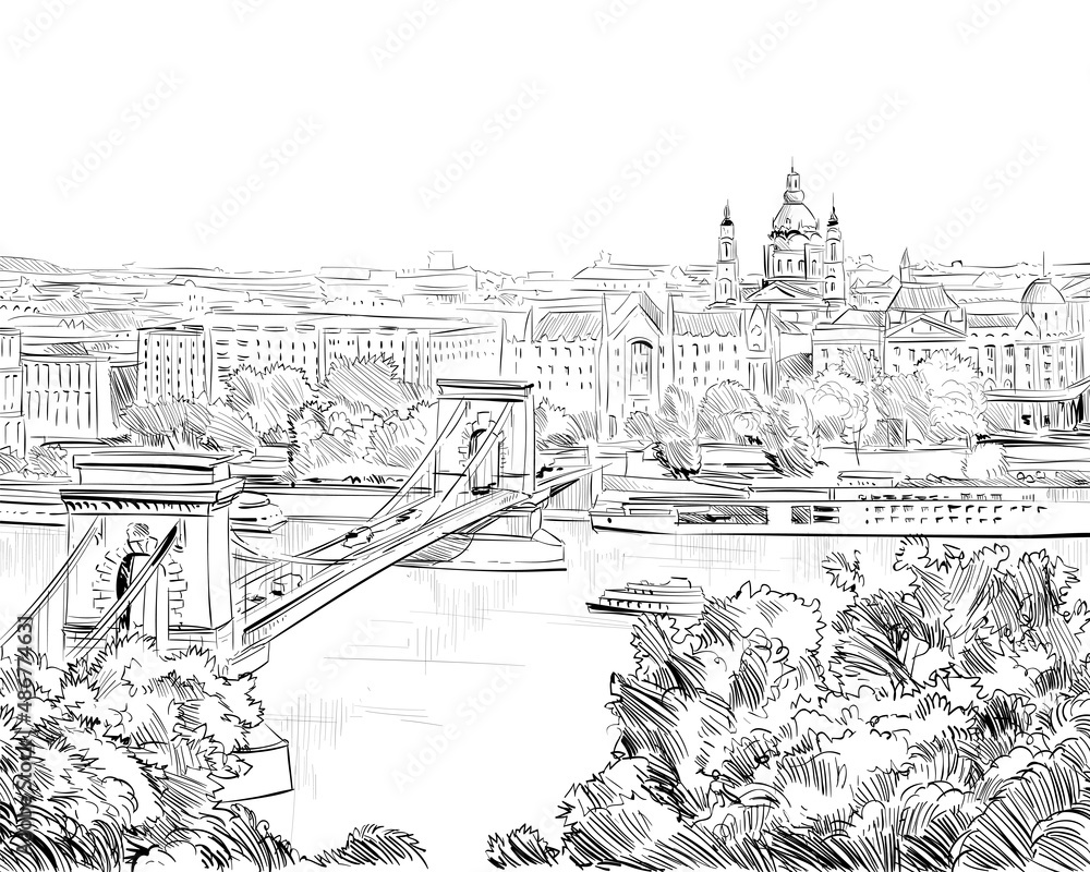 Fototapeta premium Chain Bridge. Budapest. Hungary. Europe. Hand drawn vector illustration.