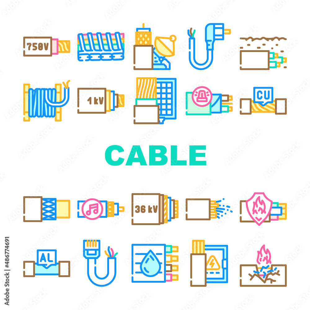 Cable Wire Electrical System Icons Set Vector. Optic And Internet Cable Wire, Fire Resistance And Audio, Aluminum And Copper Line. Low, Medium And High Voltage Cord Color Illustrations Cable Wire Electrical System Icons Set Vector. Optic And Internet Cable Wire, Fire Resistance And Audio, Aluminum And Copper Line. Low, Medium And High Voltage Cord Color Illustrations