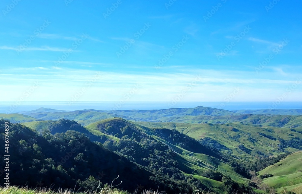 Landscape with green mountains and blue sky