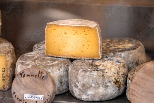 tomme cheese cut and whole close-up photo