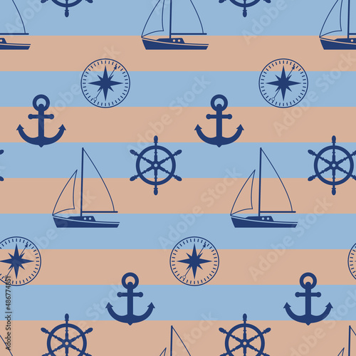 Seamless marine pattern. Sailboat, anchor, compass and steering wheel on a striped background. Color vector illustration flat style.