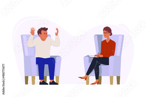 A male patient at an appointment with a female psychologist.