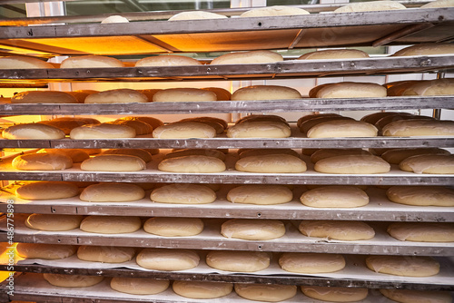 Raw dough bread on a oven-tray before baking in an oven at the manufacturing
