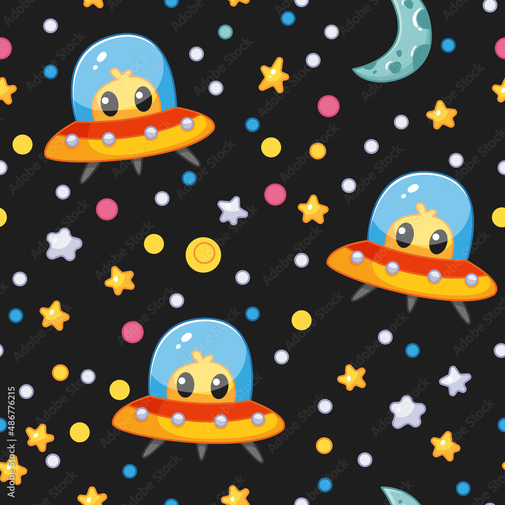 Seamless pattern with UFO space dish and alien on black sky background. Vector illustration in a minimalistic flat style, hand drawn. Cute print for textiles, print design, postcards. Seamless pattern with UFO space dish and alien on black sky background. Vector illustration in a minimalistic flat style, hand drawn. Cute print for textiles, print design, postcards.