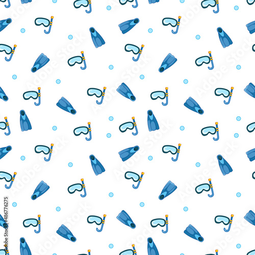 Fototapeta Naklejka Na Ścianę i Meble -  Seamless pattern with fins and a mask for breathing underwater on a white background. Vector illustration in a minimalistic flat style, hand drawn. Marine print for textiles, print design, postcards.