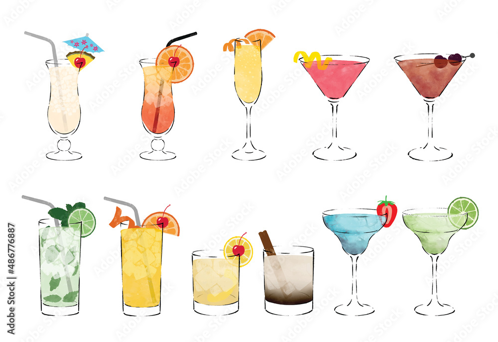 Alcoholic drinks cocktail set. Pina Colada, Tequila Sunrise, Cosmopolitan, Mimosa, Champagne, Screwdriver, Margarita, Mojito, Iced Tea, White Russian, Whisky Sour, Hand drawing. Vector illustration - obrazy, fototapety, plakaty 