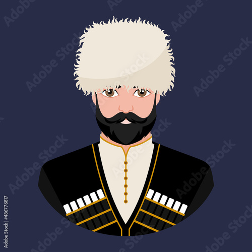 Avatar of a bearded man in a hat and a black chokha embroidered with gold. Historical costumes. Flat illustration.