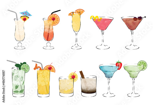 Alcoholic drinks cocktail set. Pina Colada, Tequila Sunrise, Cosmopolitan, Mimosa, Champagne, Screwdriver, Margarita, Mojito, Iced Tea, White Russian, Whisky Sour, Hand drawing. Vector illustration