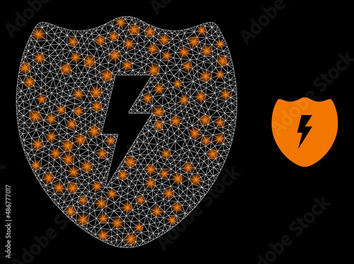 Electric shield icon and glare mesh electric shield model with illuminated light spots. Illuminated constellation generated from electric shield vector icon and polygonal mesh.