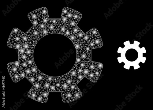 Gearwheel icon and glowing net gearwheel model with illuminated light spots. Illuminated constellation created from gearwheel vector icon and polygonal mesh. Glowing carcass gearwheel,