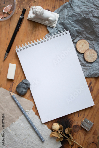 Set of drawing materials in vintage style. Mocup. Hobby and happy leisure concept.