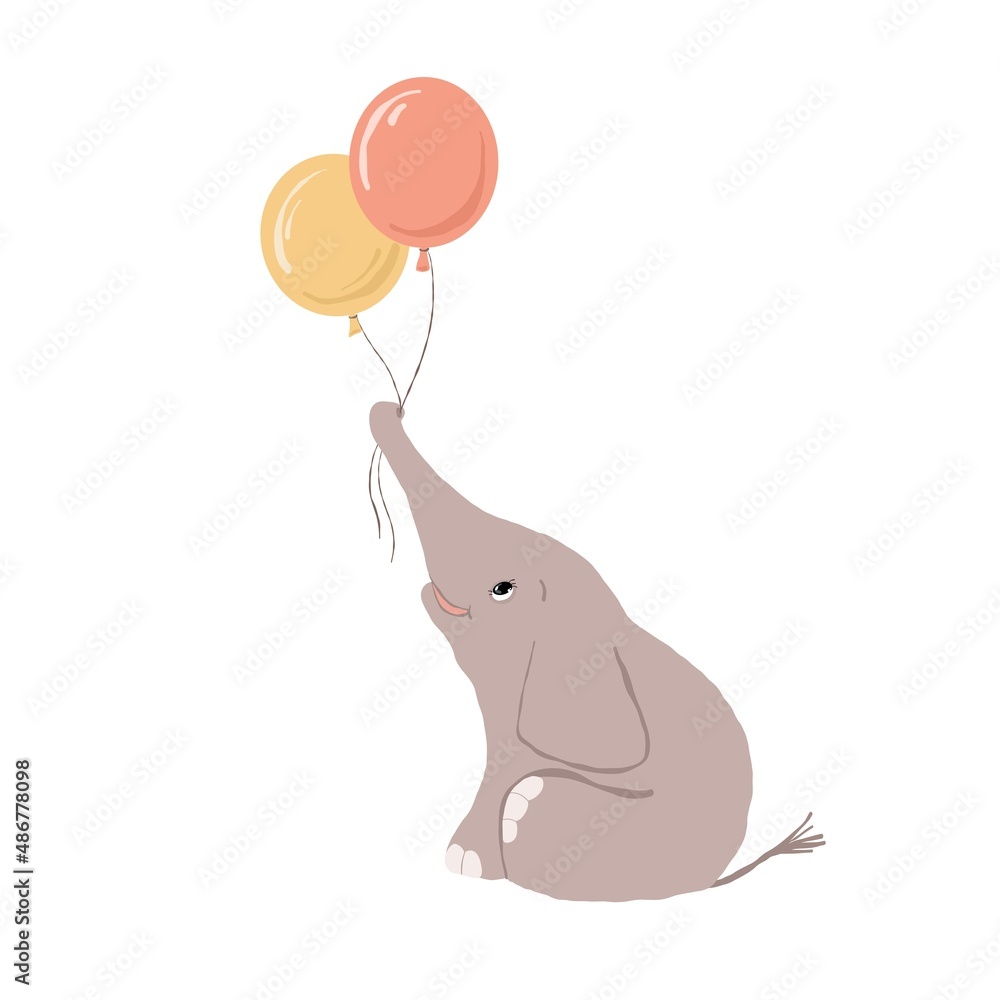 cute baby elephant with air balloons, vector illustration, holiday ...