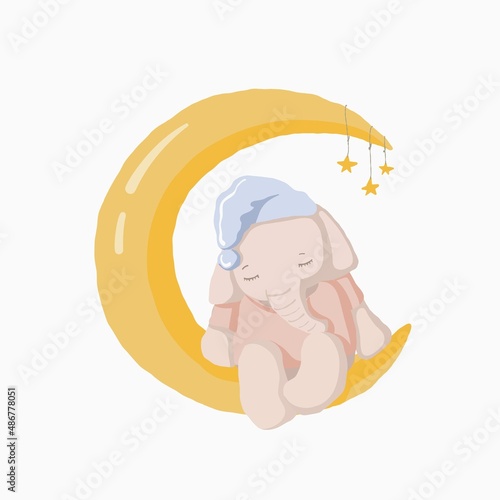 cute sleepy elephant on the half moon, vector freehand illustration, good night clipart with cartoon character good for card and print design