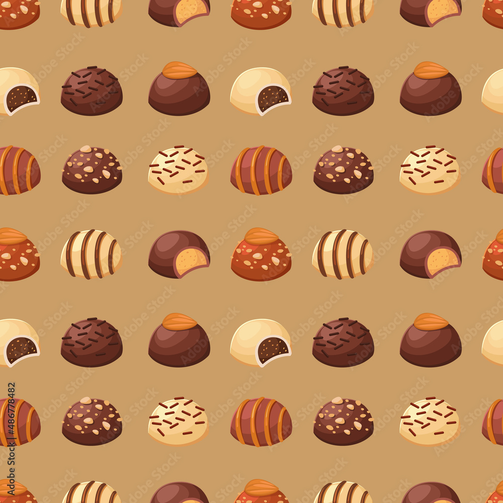 Seamless pattern with chocolate candies on a beige background. Vector illustration in a minimalistic flat style, sweets. Textile printing, print design, postcards.