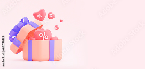 Birthday sale and romantic date. A gift with hearts. 3D rendering