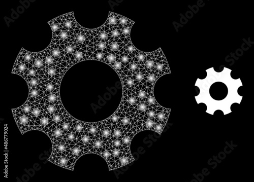 Gearwheel icon and glowing net mesh gearwheel model with illuminated light spots. Illuminated model done using gearwheel vector icon and triangle mesh. Illuminated carcass gearwheel,
