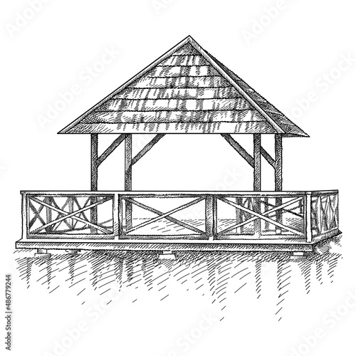 Hand-drawn sketch of wooden gazebo or pergola on the water in black isolated on white background. 