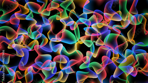 Abstract multicolored background of overlapping transparent amorphous figures with neon illumination. Vector illustration.