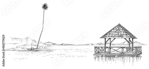 Hand-drawn sketch of wooden gazebo with palm tree on the water in black isolated on white background. 